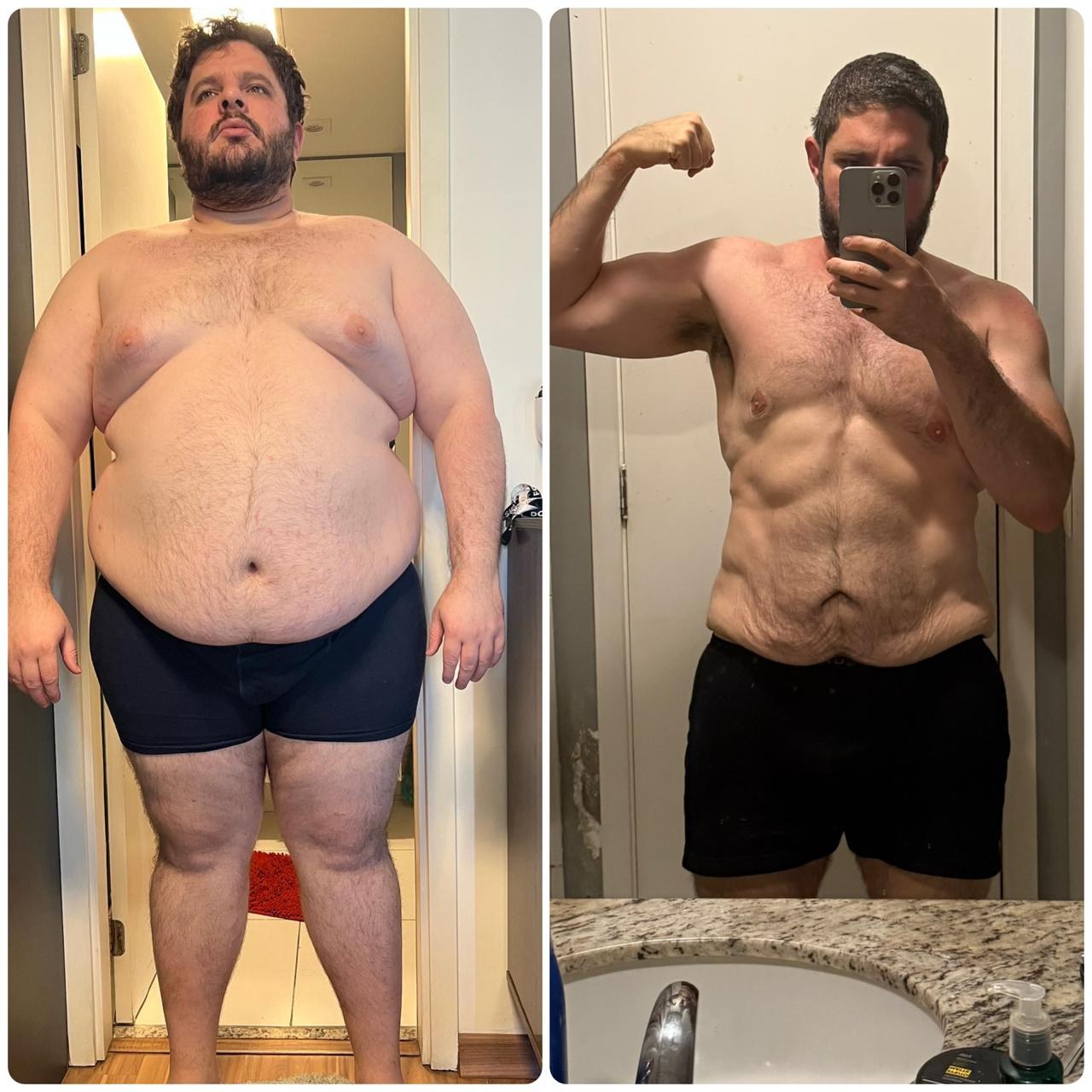 Foto de antes e depois do próprio André, em duas selfies no espelho do banheiro. É a experiência pessoal dele; nenhum membro do clube aparece na imagem.
